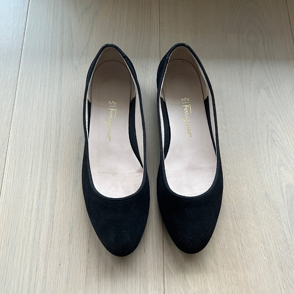 Salvatore Ferragamo Black Suade Flat with Gold Trim Heel Size 7